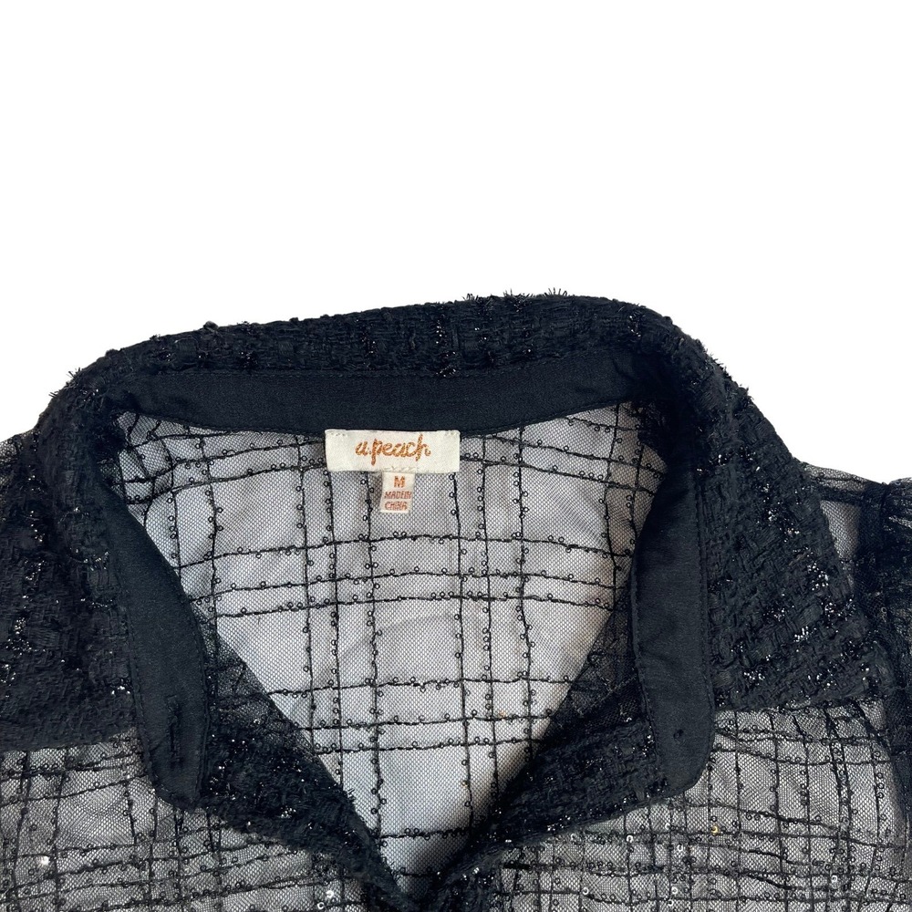 Black Plaid Sheer Sparkle Button Up Blouse Top Medium Whimsigoth Edgy Fairy - Picture 4 of 13